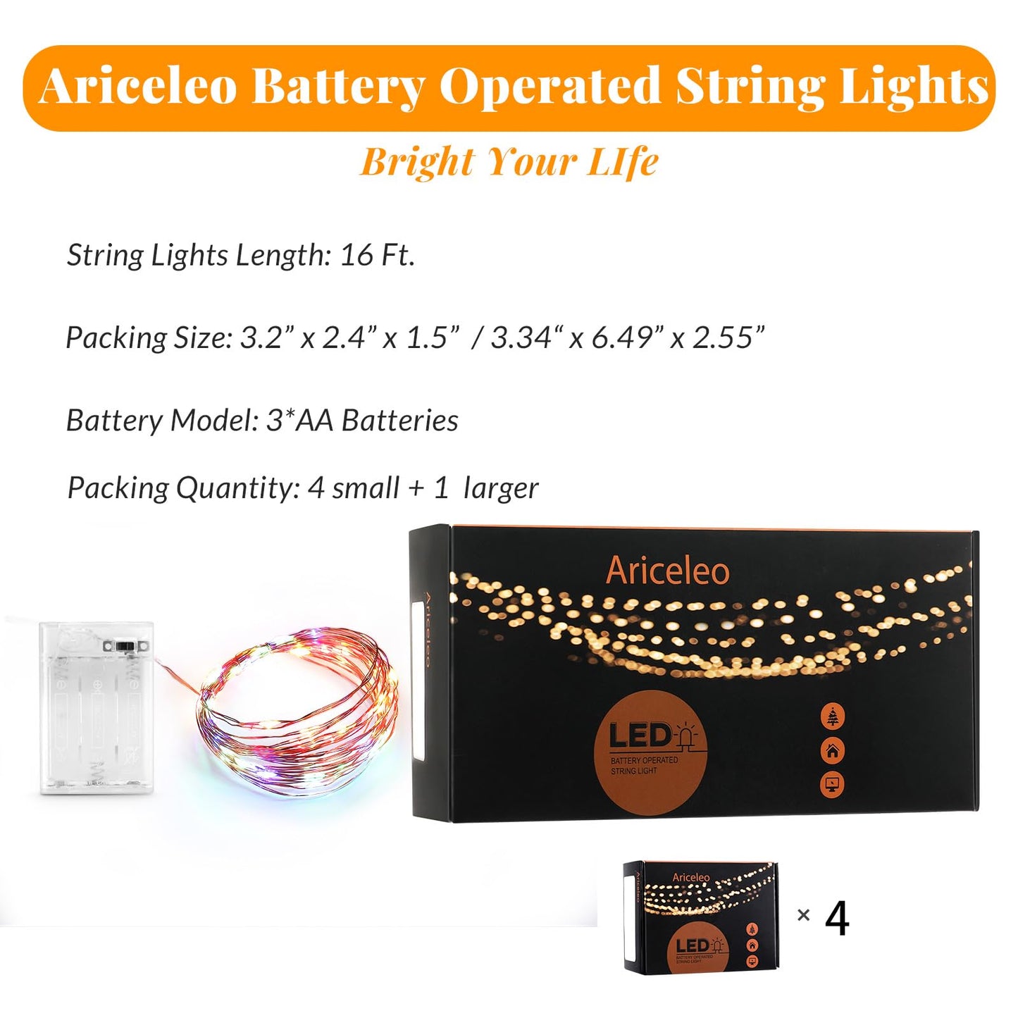 Ariceleo LED Fairy Lights, 4 Pack Mini Battery Operated Copper Wire, 5m/16ft Multicolor, Ideal for Bedroom, Christmas, Parties, Wedding