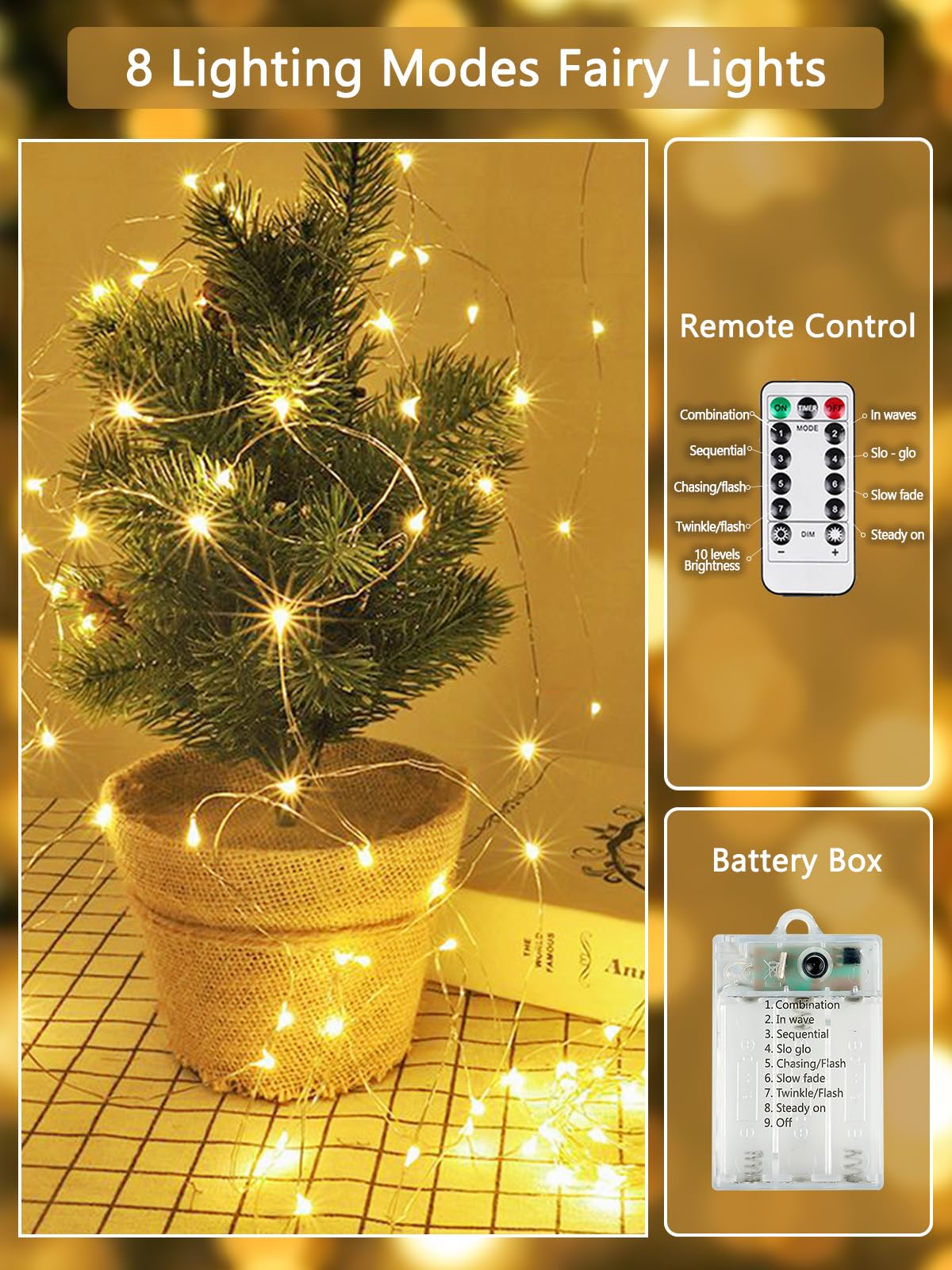 Yiqu 4 Pack Battery Operated Fairy Lights, Warm White Led String Lights With Remote Control Timer, 8 Modes For Indoor/Outdoor Décor