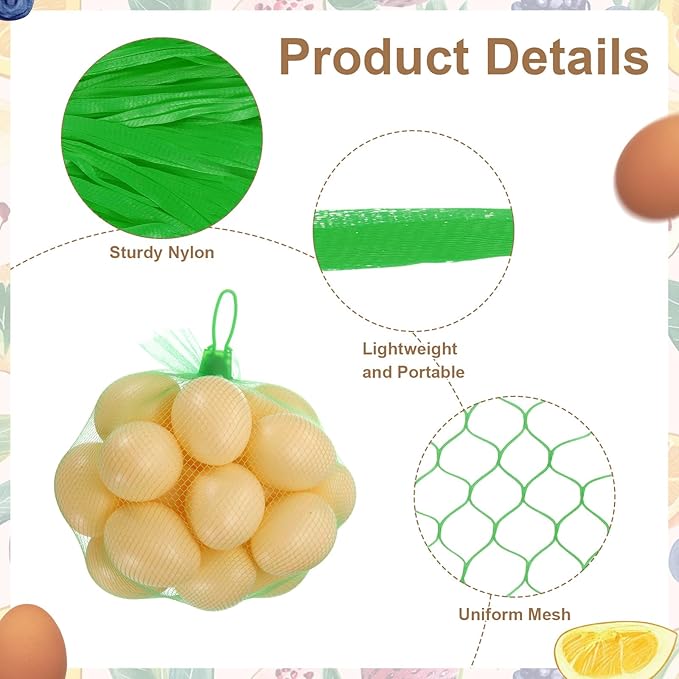 uxcell 100Pcs Reusable Produce Mesh Bags, 40cm Mesh Nylon Netting with Loop-Style Closures, Stretchable Egg Hatching Bags for Fruit Vegetable Storage, Green