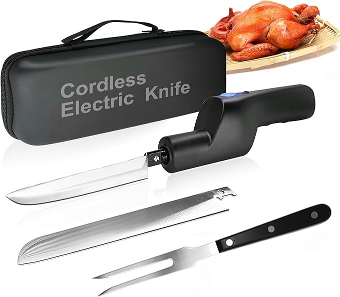 Cordless Electric Knife, Electric Carving Portable Rechargeable Knife with Safety Lock, Easy Slice and Assemble with Storage Case, Carving for Turkey, Meat, Poultry, Bread, Fillet, Vegetables