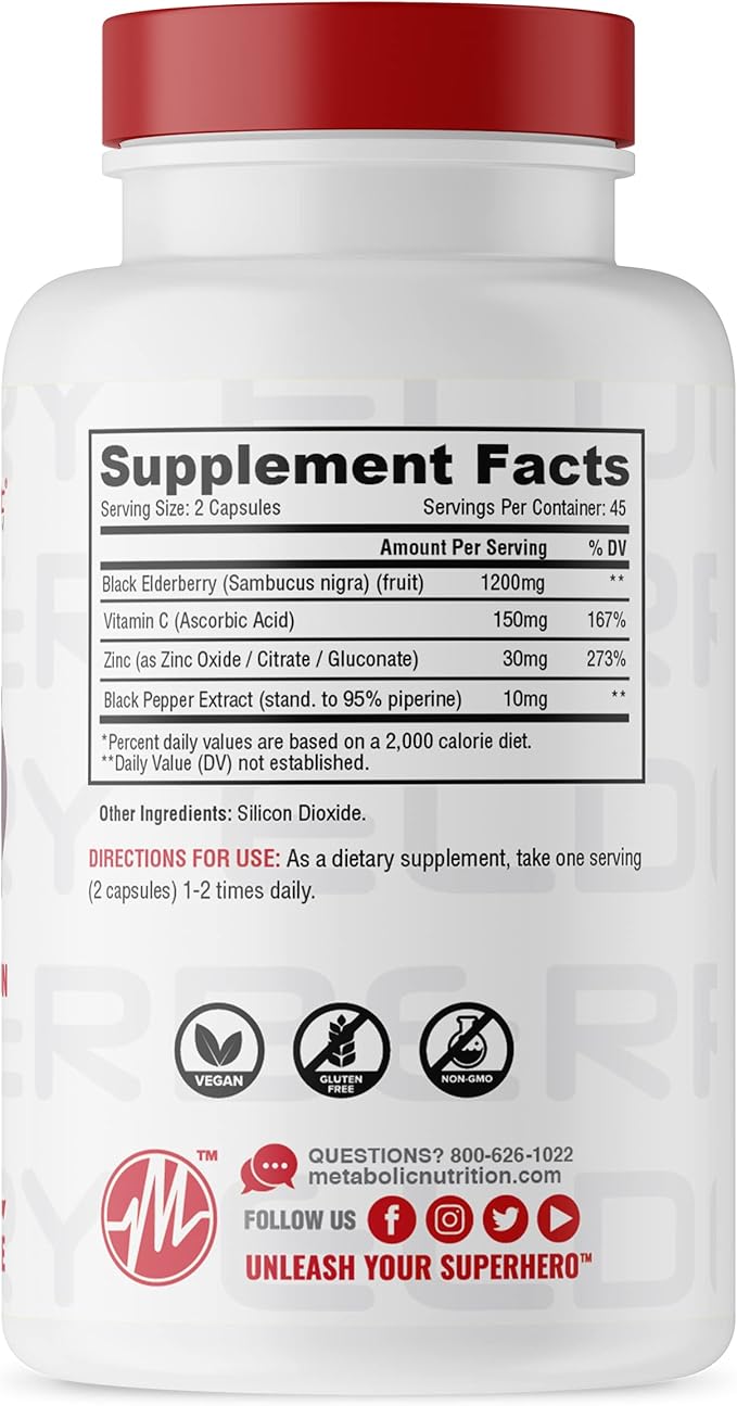 Metabolic Nutrition Elderberry with Vitamin C and Zinc, 1200mg, 90 Vegan Capusles, Supports Immune System, Antioxidant, Reduces Inflammation as Well as Stress Relief