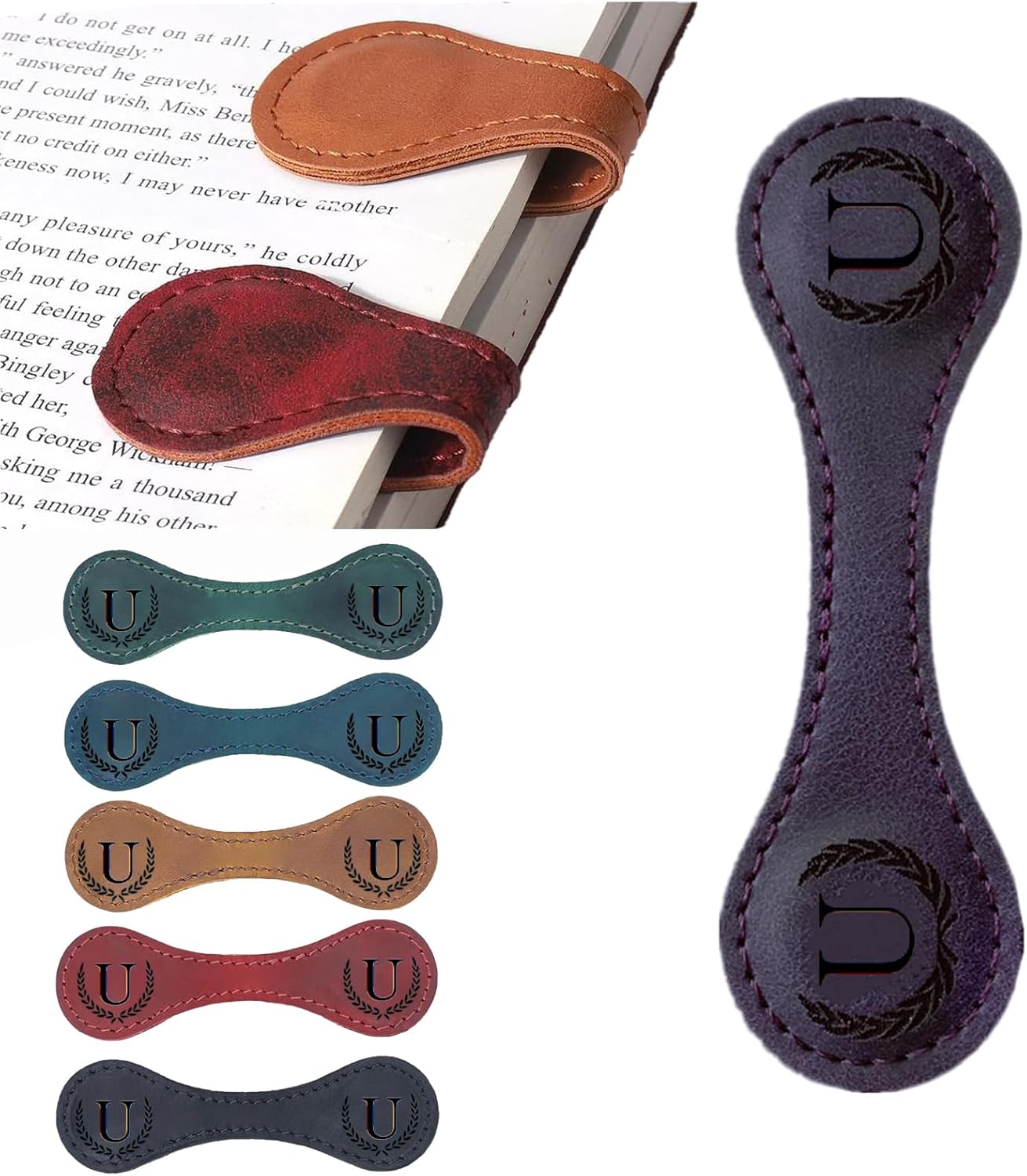 Personalized Magnetic Leather Bookmark, 26 Letters Custom Leather Bookmarks, Handmade, Leather Magnetic Bookmark for Book Lovers Readers Women Kid(Purple，U）