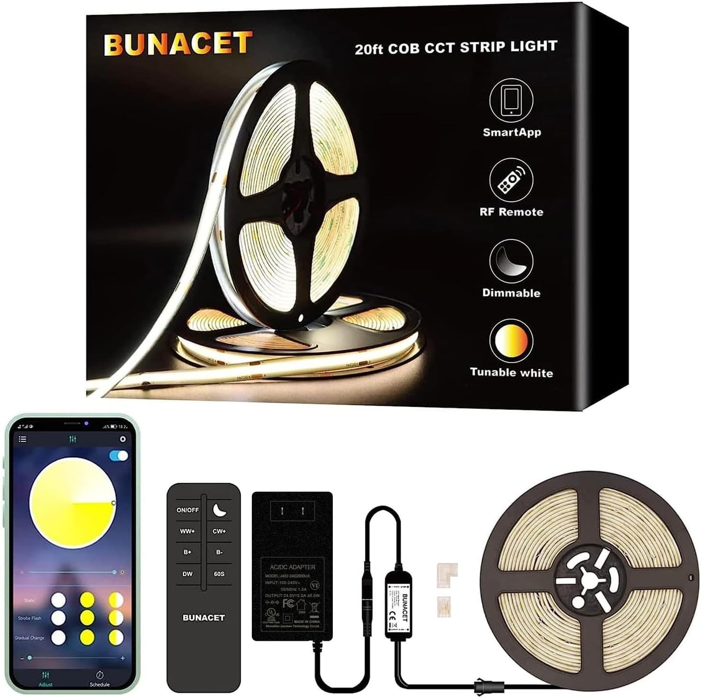 20Ft Cob Led Strip Lights  Bluetooth Smart App Tunable 3000K~6500K White Daylight To Warm White Light Strip With Remote Dimmable For Bedroom Kitchen Home Lighting