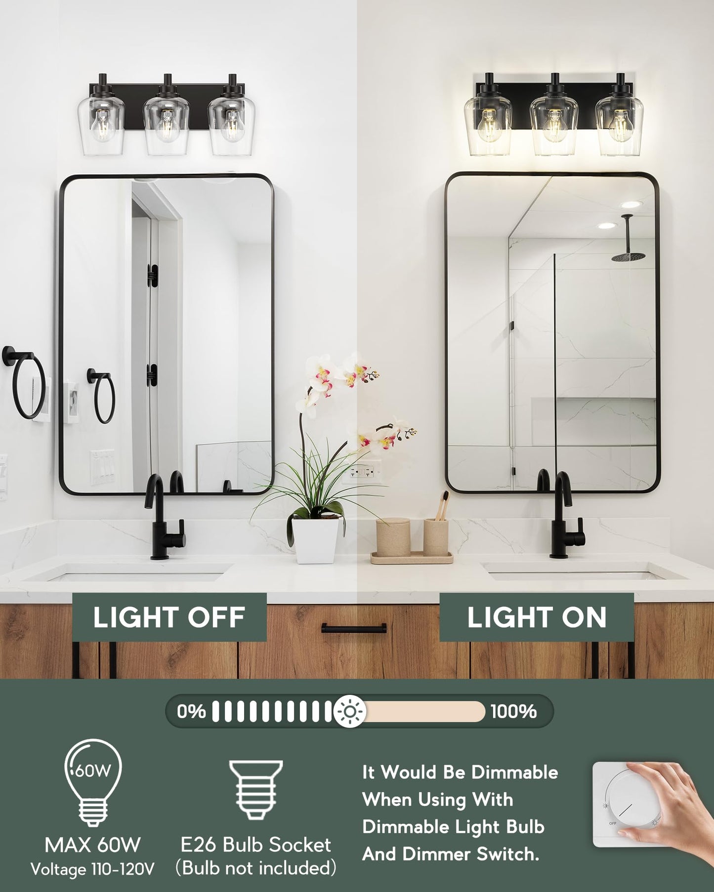 Metwet Bathroom Light Fixtures  3-Light Modern Vanity Light With Clear Glass Wine Glass-Shaped Shade  Vanity Lighting Fixtures Over Mirror  Matte Black  Vl155-Mb-3