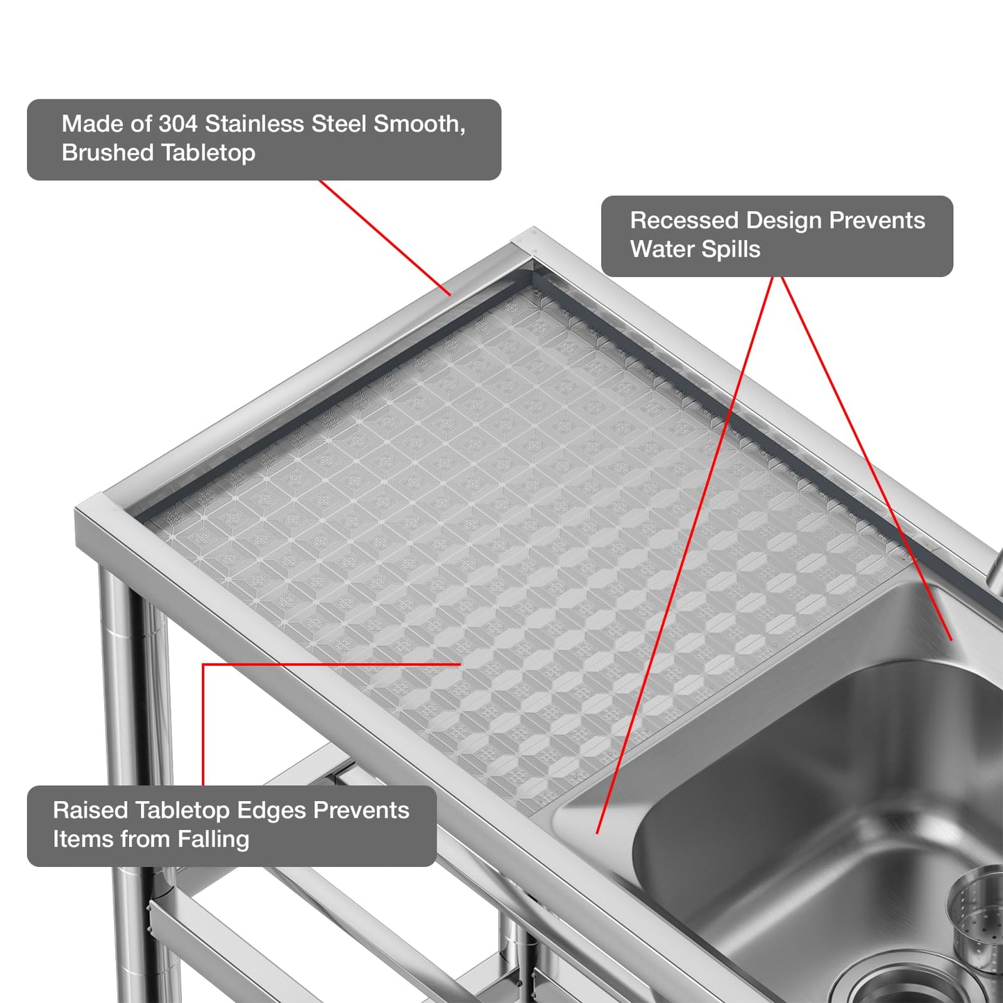 DuyviSteil 2-Compartment Commercial Sink, Stainless Steel Utility Sink with Dual-inlet Configuration Faucet Workbench & Storage, Free Standing Double Bowl for Restaurant, Garage, Shop, Outoor(47in)