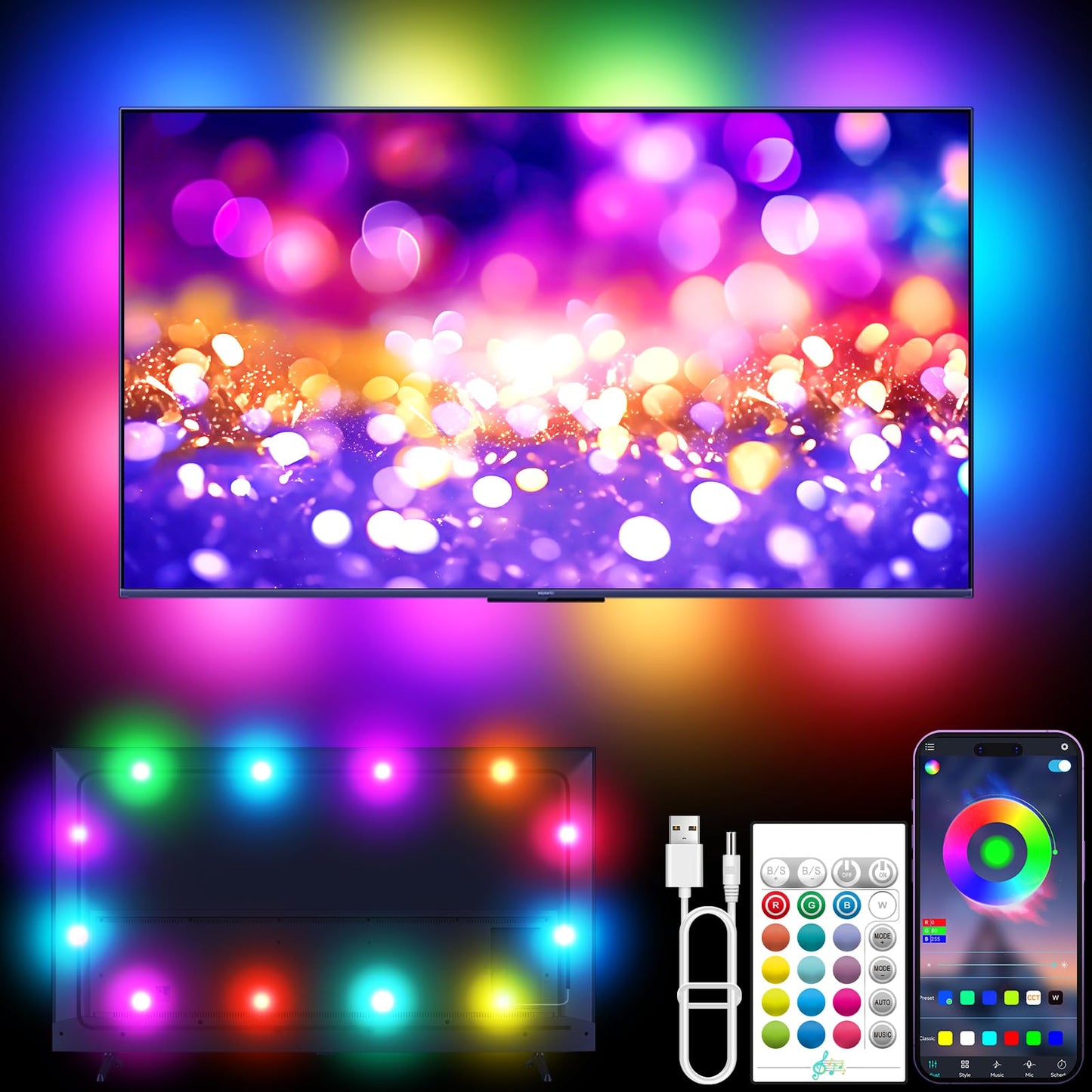 Tyute LED Strip Lights for 35-55in TV, 9.8ft RGB Color Changing Backlight, Music Sync, Remote Control, Plastic, Model T-DSTJD-3M