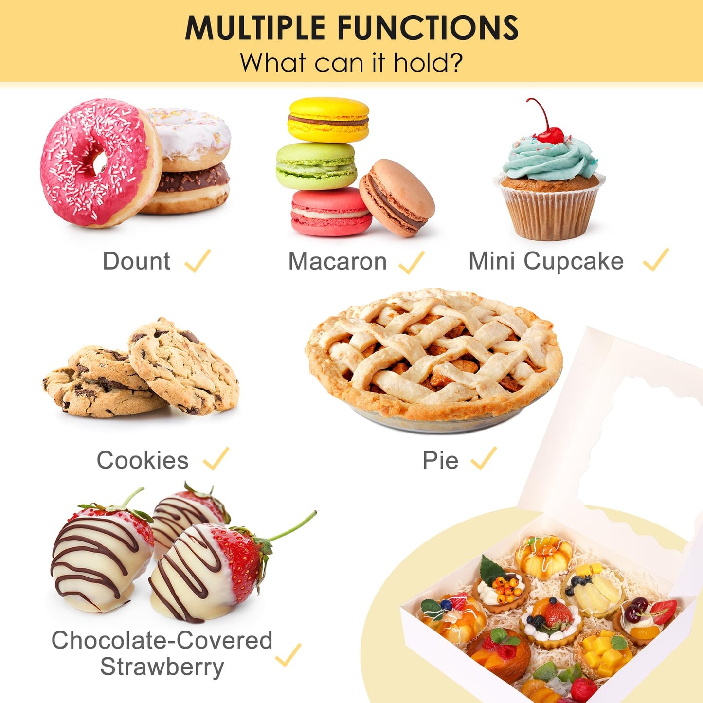 Moretoes 24pcs Bakery Boxes, 10x10x2.5 Inches Auto-Popup Pie Boxes for Cookies, Chocolate Covered Strawberries, Pies, Donuts, Muffins