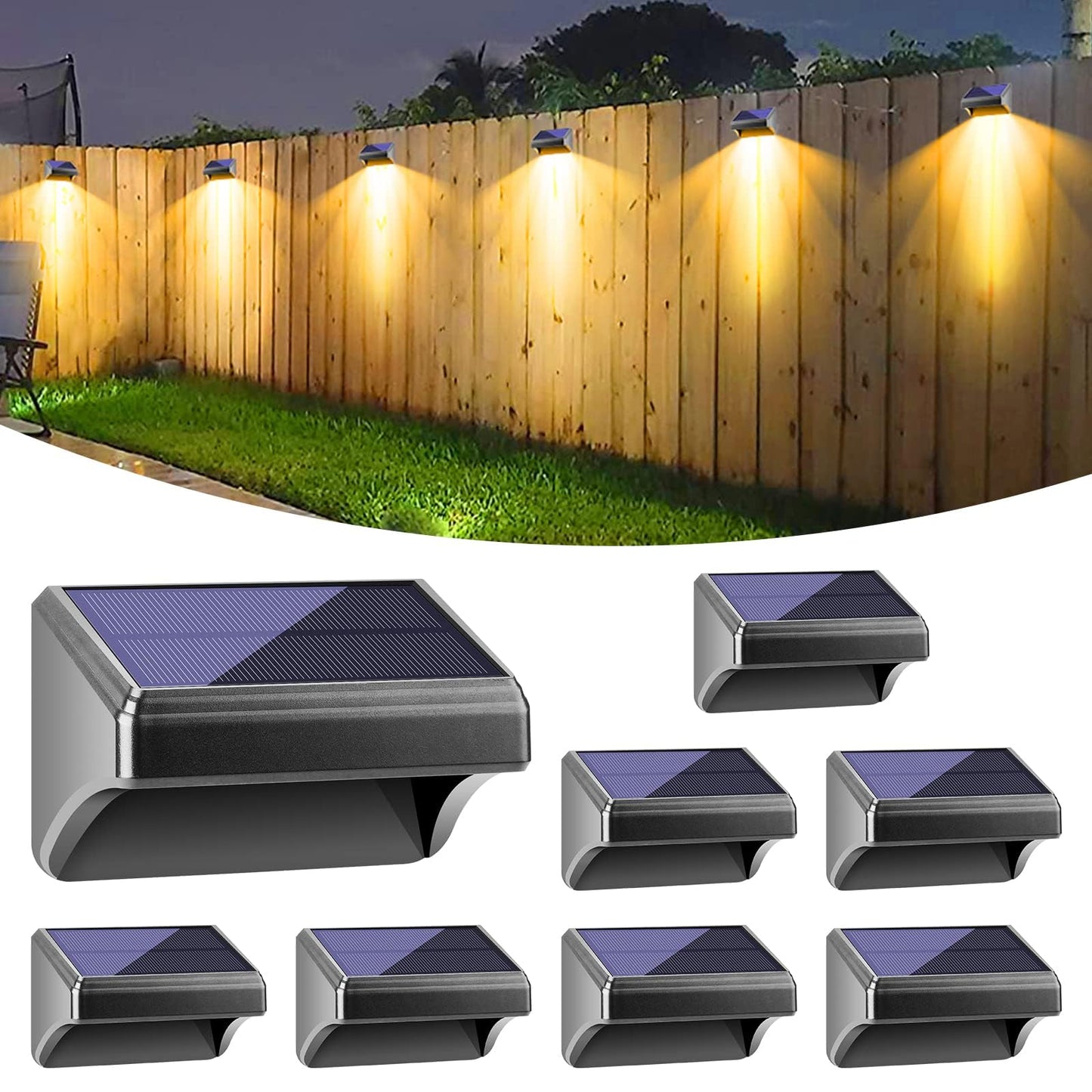 Bridika Solar Fence Lights - 8 Pack Waterproof Warm & Rgb Led Outdoor Wall Lights, Model Qs31012 For Backyard, Patio, Deck, Pool