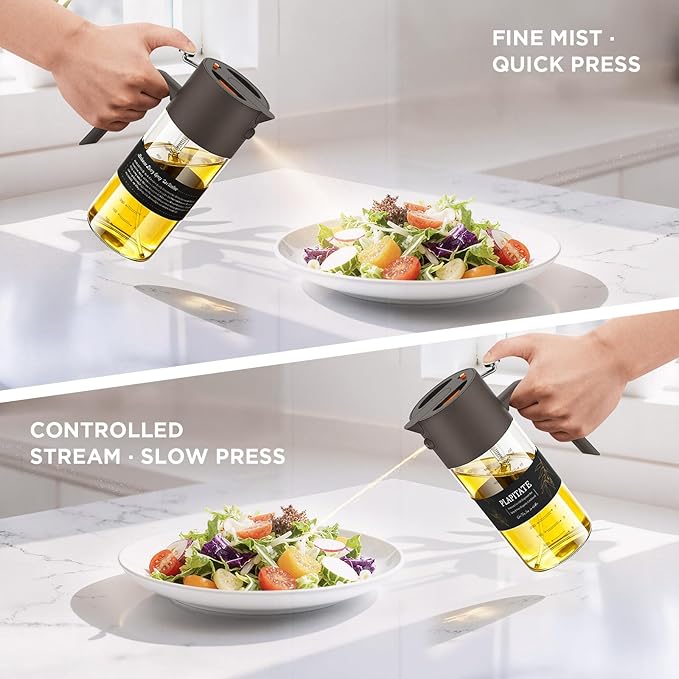 17oz/500ml Premium Olive Oil Sprayer for Cooking, 2 in 1 Glass Olive Oil Dispenser Bottle for Kitchen Gadgets, Spray Bottle with Portion Control for Salad, Frying, BBQ (Gray)