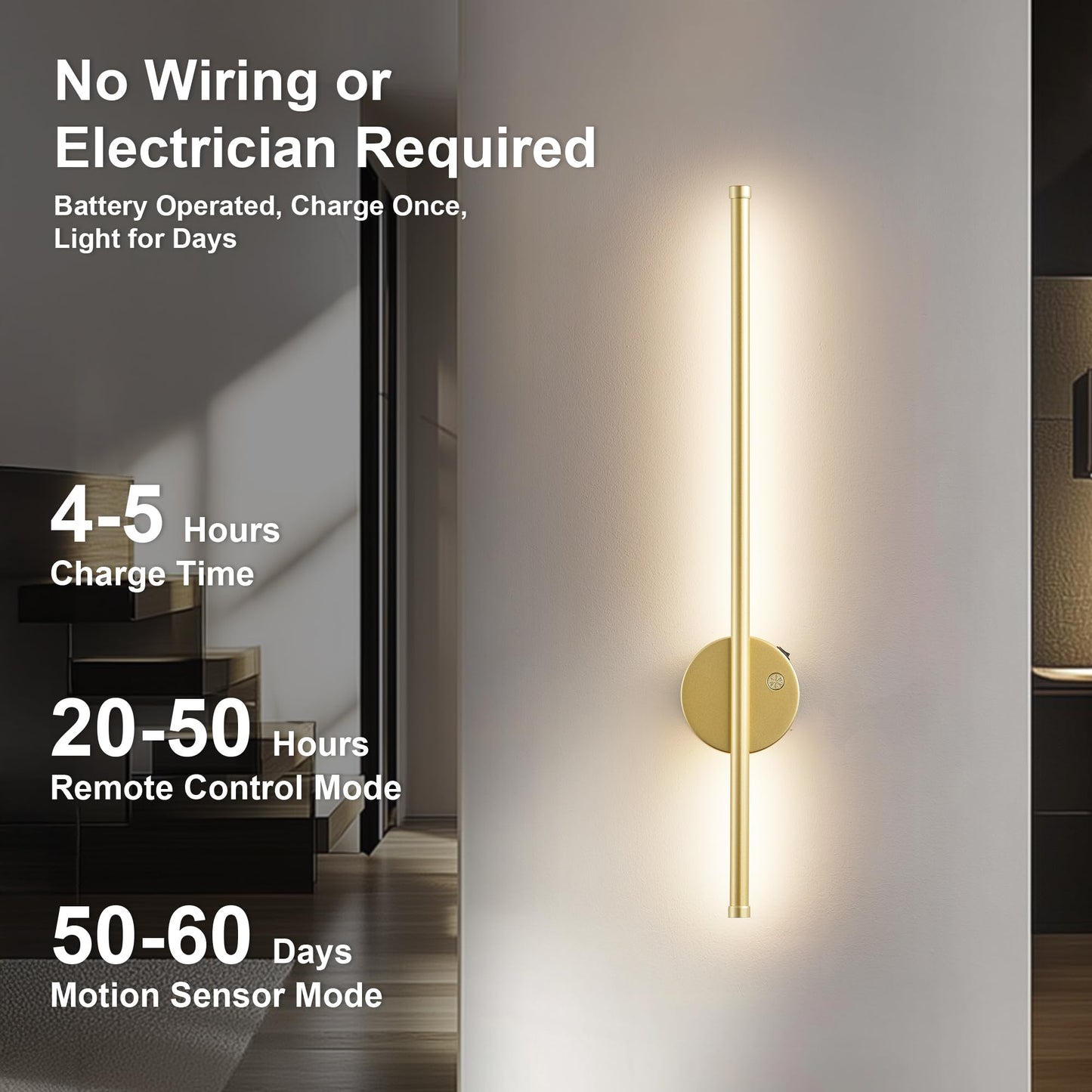 Motion Sensor Battery Operated Wall Sconce Set Of Two - Modern Rechargeable Wireless Wall Lights With Remote Control  Dimmable  3000K/4000K/6000K  Timer For Living Room  Hallway 23.6 Inch  Gold