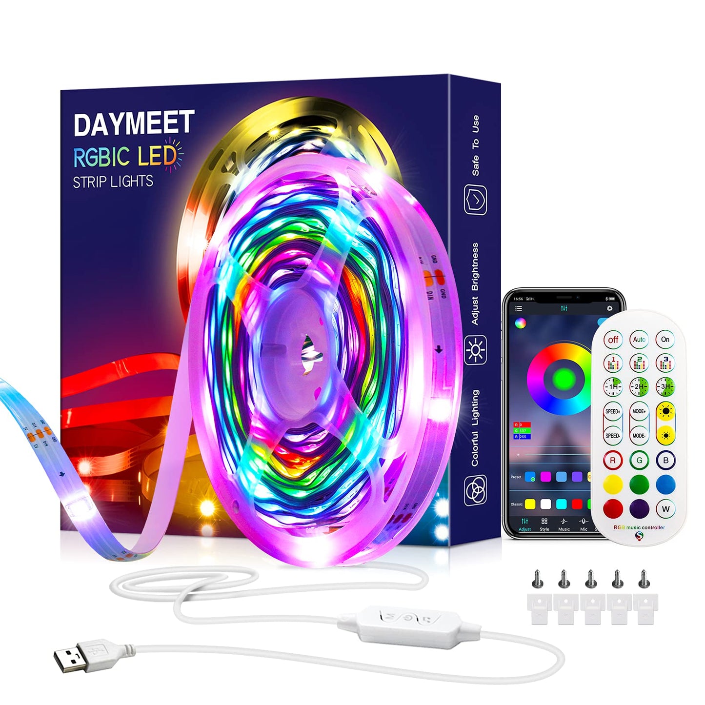 Daymeet LED Light Strip, 33ft Dreamcolor RGB, APP Control, Music Sync, Remote, Home Decoration