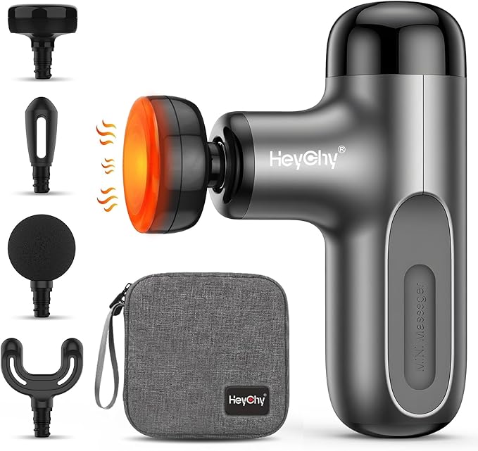 HEYCHY Mini Massage Gun with Heat, Deep Tissue Massage Gun, Portable Percussion Muscle Massager with 4 Massage Heads for A...