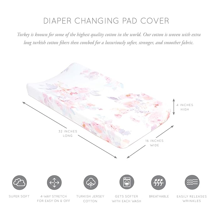 Oilo Changing Pad Cover, Breathable 100% Turkish Cotton Fitted Jersey, 300 Thread Count, Machine Washable, Fits Standard Changing Pads (32" x 16"), Girl, Boy, & Neutral Nursery Design, Prim