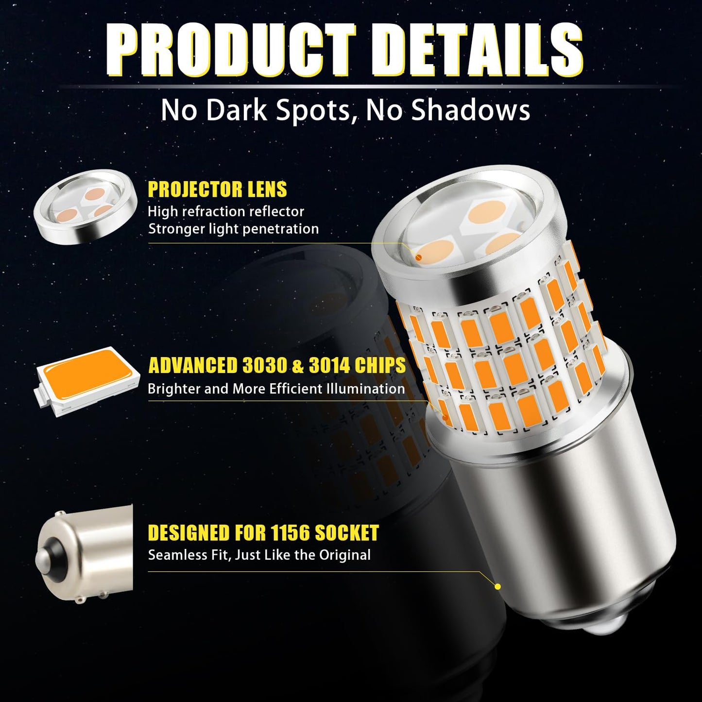 Ibrightstar 1156 Led Bulbs, Amber Yellow, Low Power, Projector Design, Model 1156-3014/3030-54/3Y, Replacement For Turn Signal Lights
