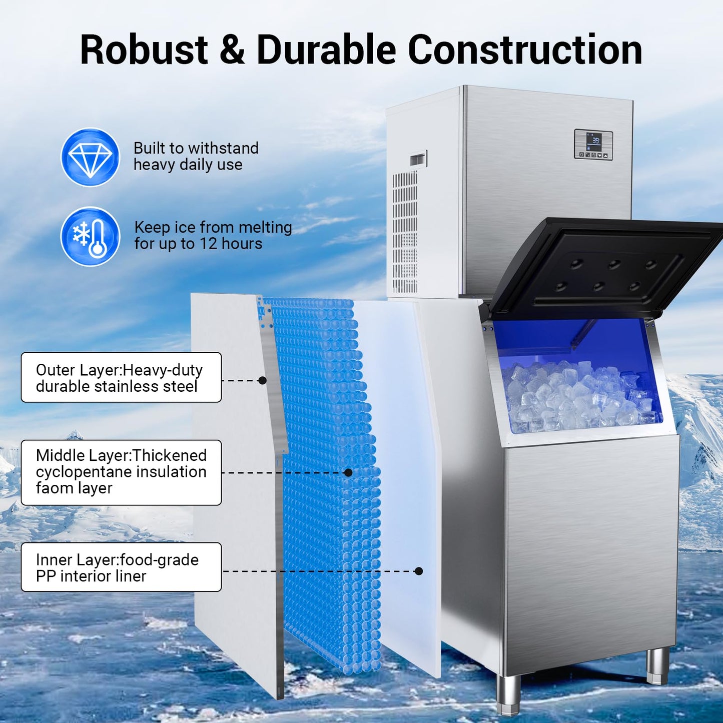 Commercial Ice Machine 680LBS/24H with 560LBS Storage Bin, Large Industrial Ice Maker, Self-Cleaning, Timing Function, 210 Ice Cubes in 5-15min, Adjustable Ice Thicknesses