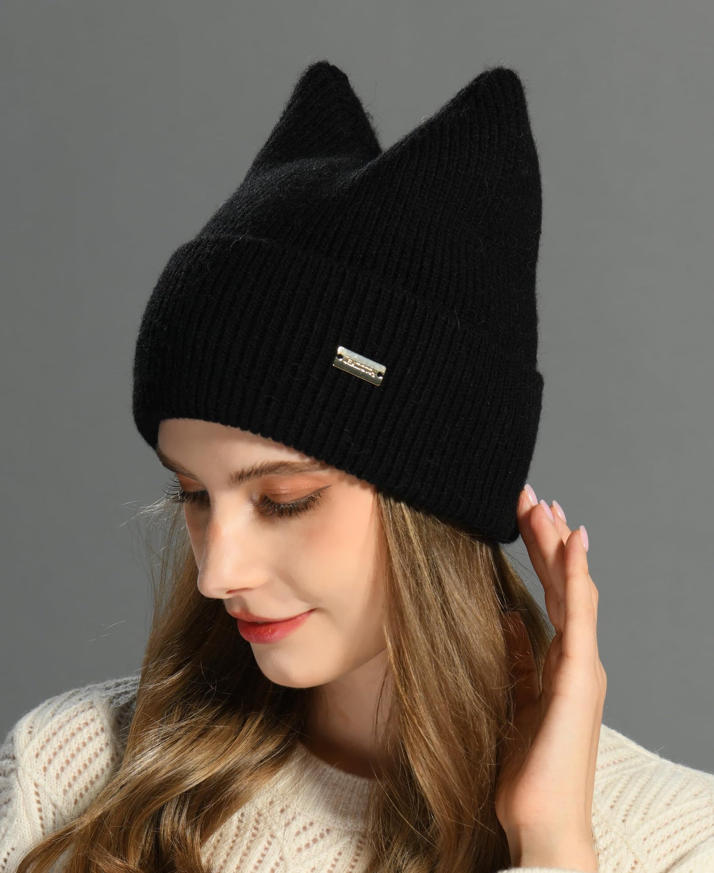 jaxmonoy Winter Cute Cat Ear Knitted Beanie Hats for Women and Men Soft Warm Knit hat Ladies Skull Beanies Cap - Black
