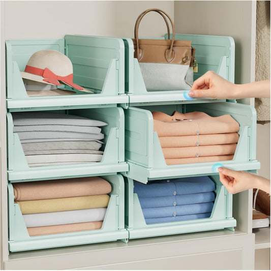 6 Pack Stackable Closet Storage Basket - Stackable Storage Bins, Multifunctional & Foldable Closet Organizer, Wardrobe Cupboard Space-Saving Hat Storage Drawer Organizer, Green