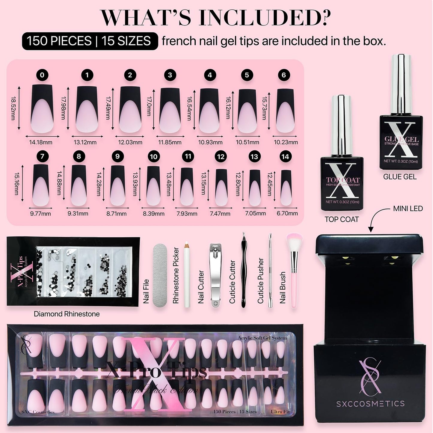 SXC Cosmetics French Tip Press On Nails - Black Series, Medium Square, X-Pro Tips Starter Kit | 150PCS, 15 Sizes, 5 Styles, Begi