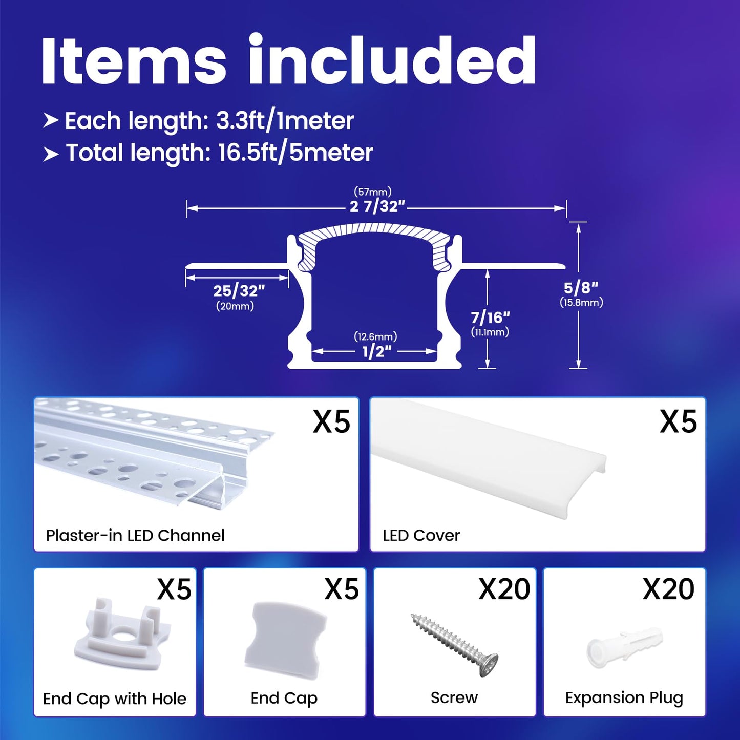 Muzata Led Strip Diffuser Channel, 5Pack 3.3Ft/1M, Aluminum, White, Model Mzz563, Trimless For Drywall Ceiling Wall
