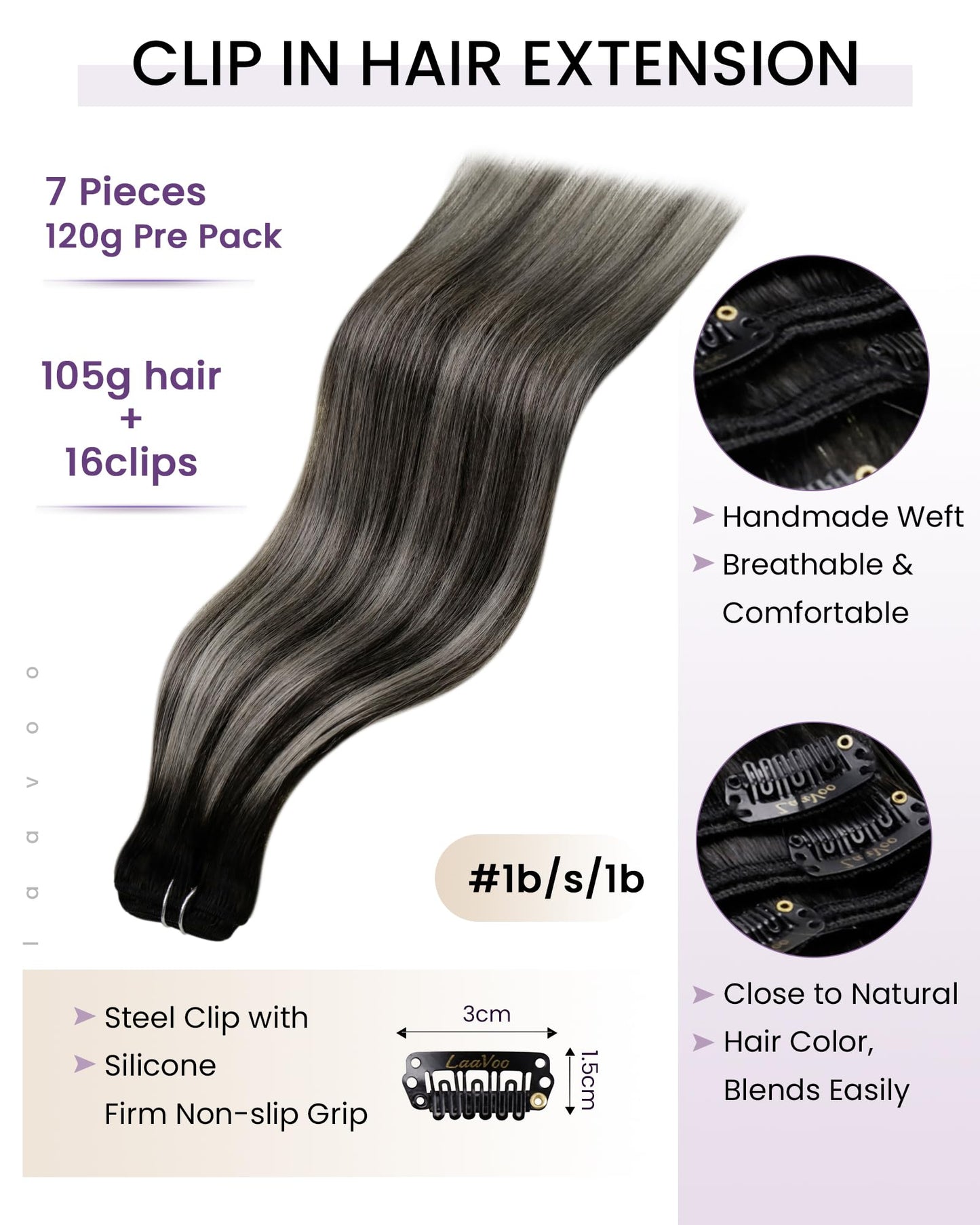 LaaVoo Real Hair Extensions Clip in Human Hair Ombre Natural Black to Silver Grey Mixed Black Balayage Human Hair Clip in Extens