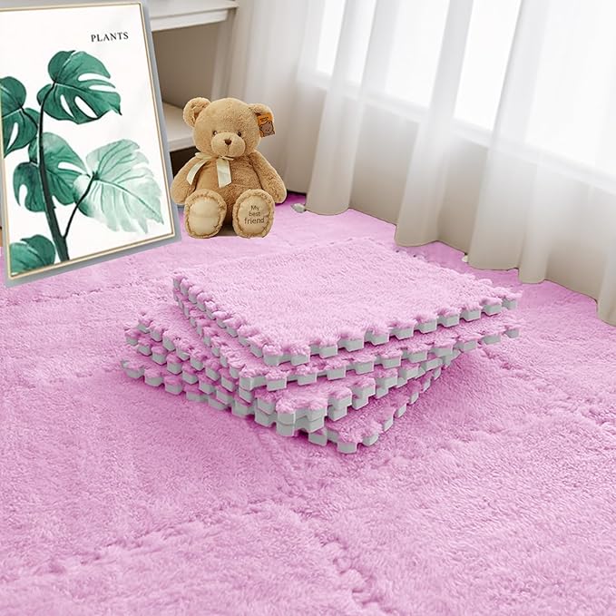 16pcs 0.6" Thickened Interlocking Tile Mats,Fluffy Shaggy Soft EVA Foam Area Rug for Living Room & Bedroom,Non-Slip Protective Floor Carpet Play Mat Kids Baby Dorm Home Decor (11.8ft, Pink)