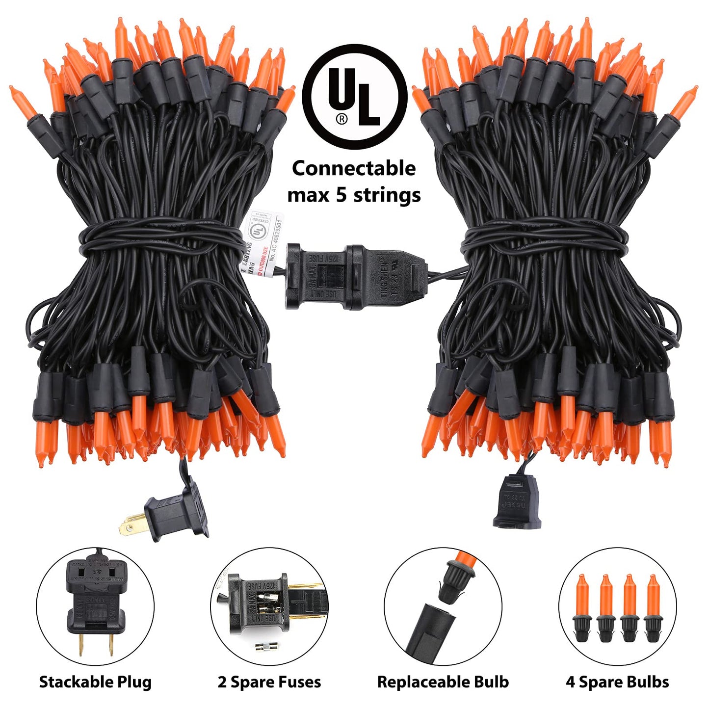 Toodour Halloween String Lights, 25ft 100 Count, Incandescent Mini Bulbs, UL Certified, Orange, Model ZF-100-2/SB