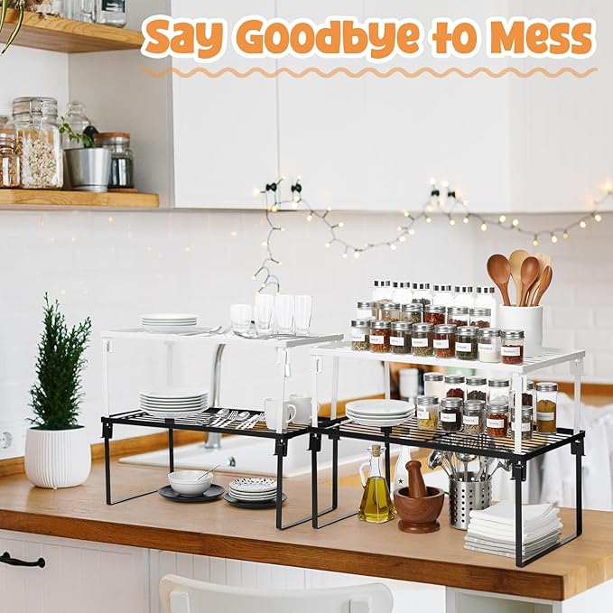 4 Pack Stackable Metal Kitchen Storage Shelf Foldable Racks, Pantry Shelf Cabinet Organizers, Expandable Storage Rack for Cabinet Fridge Bathroom (15 x 8.5 x 6.6, White, Black)