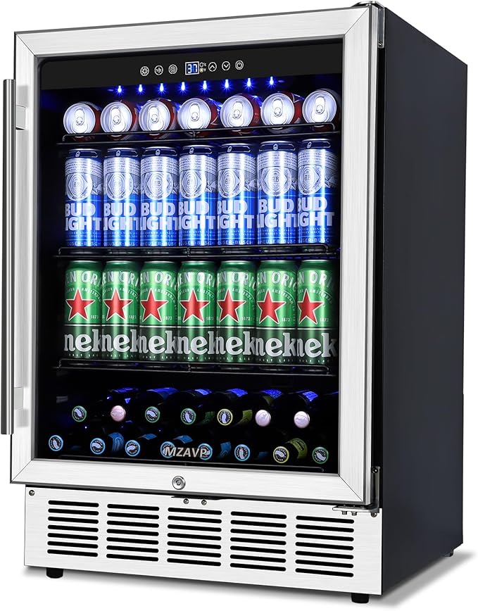 24 Inch Beverage Refrigerator, 180 Can Capacity Beverage fridge, Built in or Freestanding Drink Cooler with Glass Door, Under Counter Beer Fridge, LED Indicator Light and Adjustable Shelve