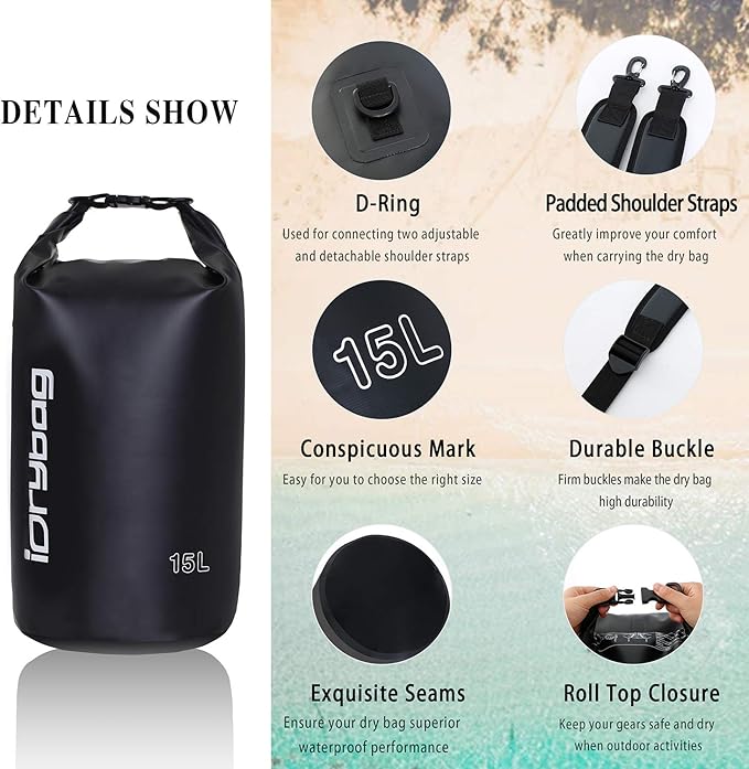 IDRYBAG Dry Bags for Kayaking Waterproof 2L/5L/10L/15L/20L, Small Dry Bag Waterproof Floating, Dry Sack Waterproof Bag for Paddleboarding Travel
