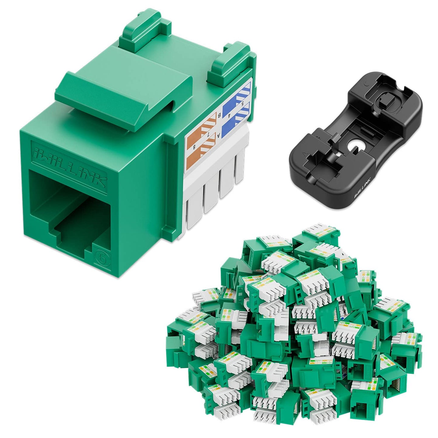 Iwillink Cat6 Keystone Jack And Punch-Down Stand, 50-Pack, Rj45 Ethernet Jack, 90-Degree Utp Modular Punch Down Adapter, Green