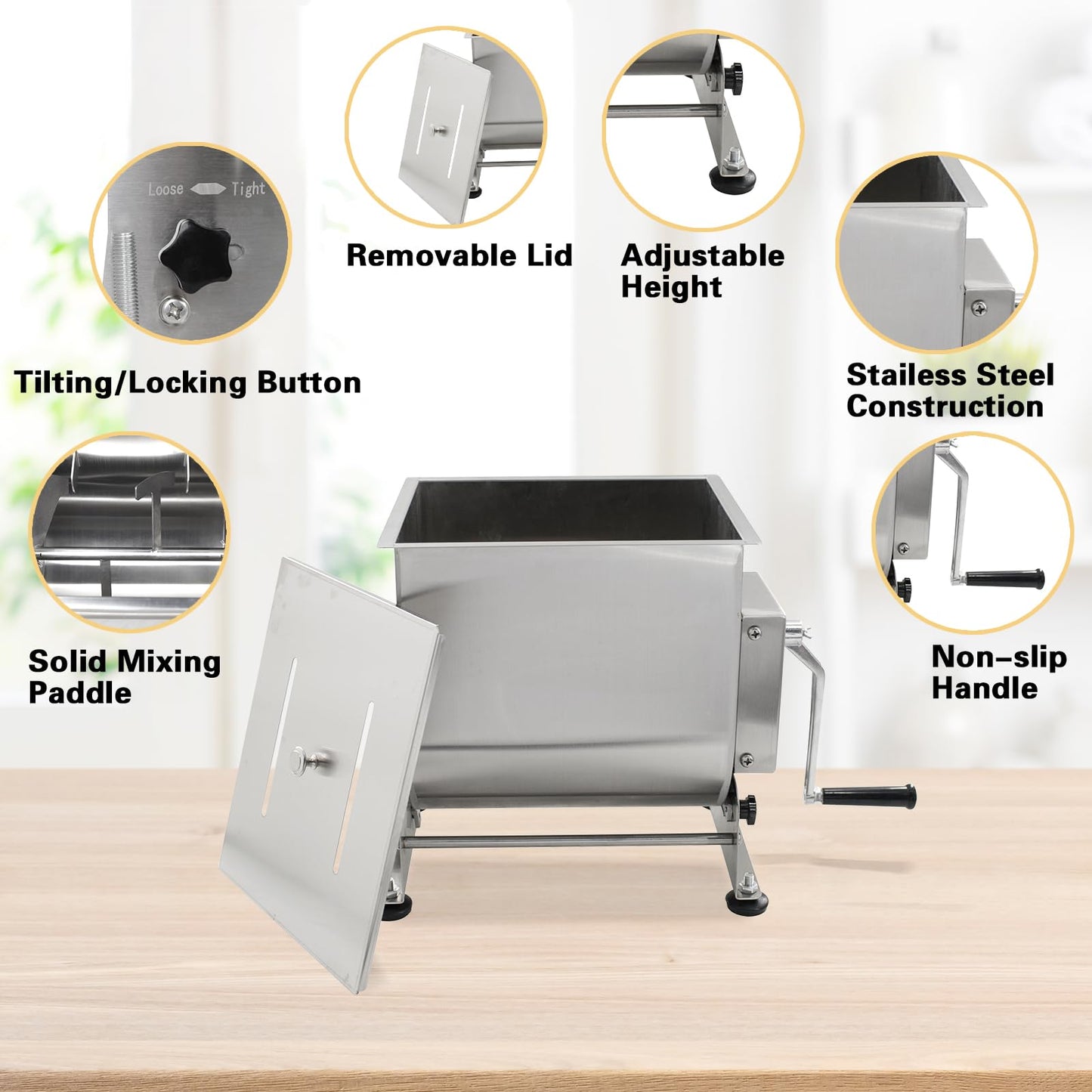 CLIVIA Manual Meat Mixer, 15 Pound Capacity Tilt Tank Meat Mixer for Sausage, Stainless Steel 15lbs/7.5L Sausage Mixer Food Processer for Meat, Vegetable, Burger, Dumplings