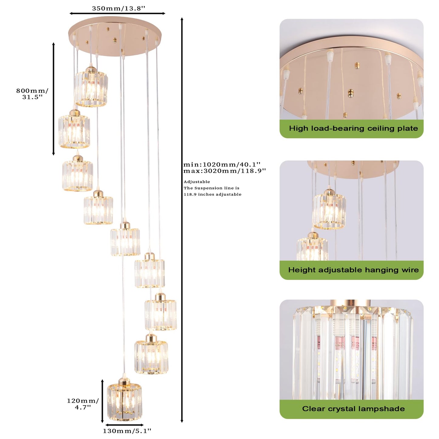 Cainjiazh High Ceilings Long Chandeliers Modern Crystal Pendant Light Raindrop Drop Lamp Hanging Chandeliers Flush Mount Lighting Fixtures For Staircase Foyer Entryway Gold 9 Lights