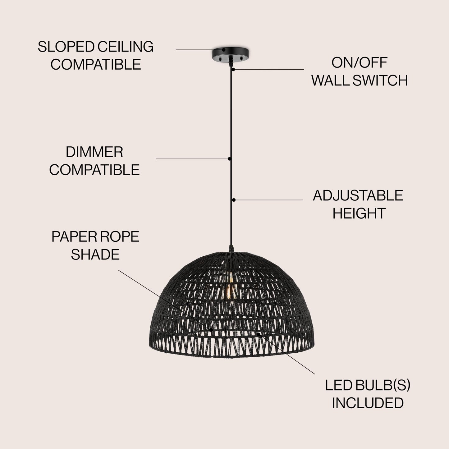 Jonathan Y Campana 20 1-Light Led Pendant, Black Woven Rattan/Iron For Dining Room, Kitchen, Living Room - Model Jyl6504C