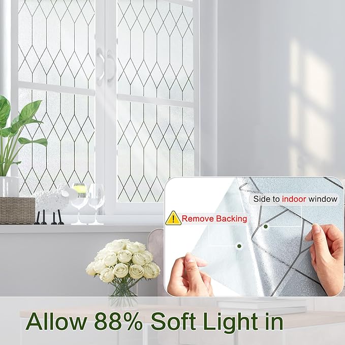 Windimiley Window Privacy Film Stained Glass Static Clings, Bathroom Frosted Leaded Decorative Window Stickers, UV Heat Blocking Opaque Removable for Home Door Coverings (35.4 x 78.7 in,Pure)