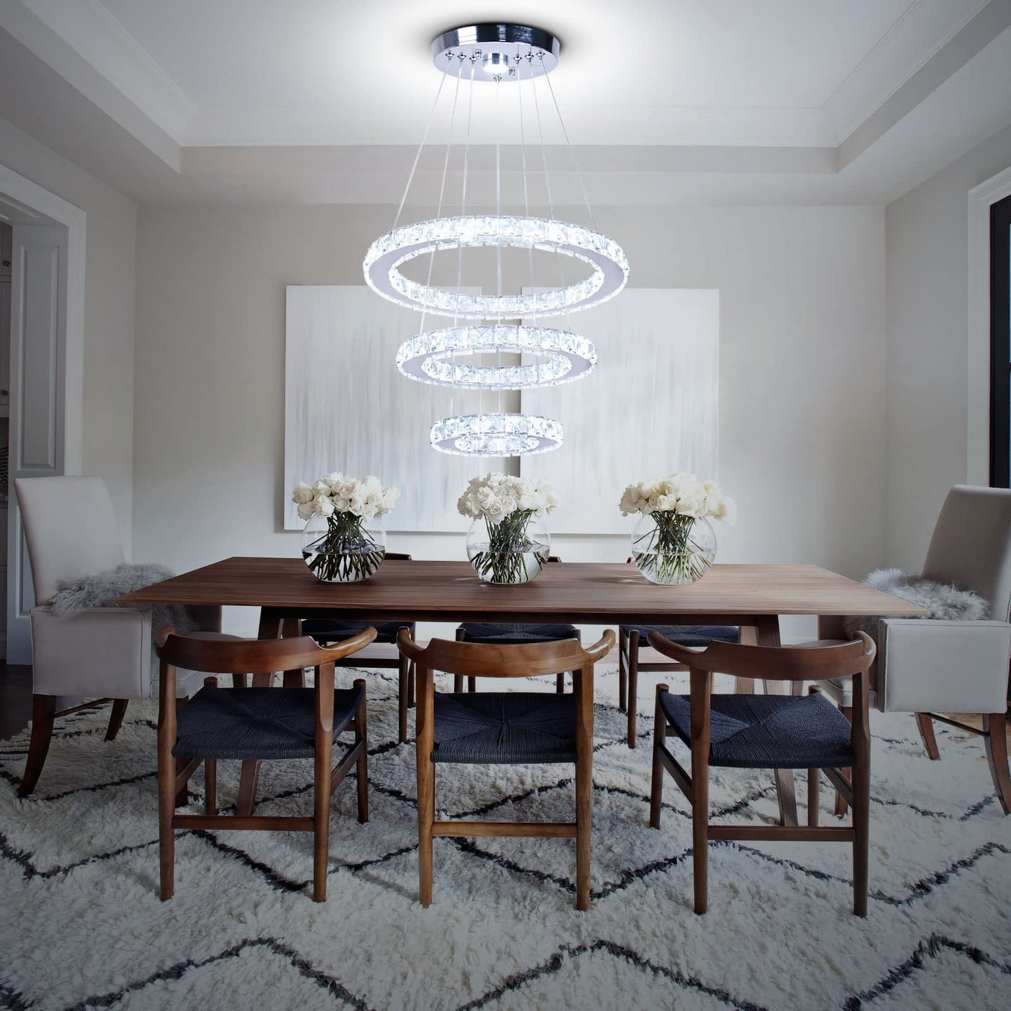 Diisunbihuo Led Chandeliers 3 Rings Modern Crystal Pendant Light, Adjustable, Multicolor Silver, Ideal For Bedroom, Living & Dining Room