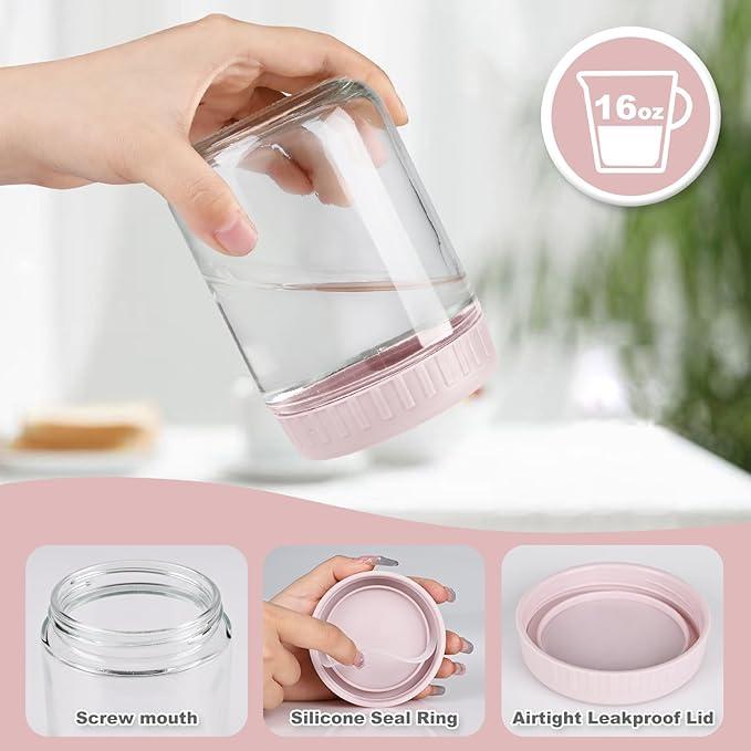 Overnight Oats Containers with Lids, 16oz Glass Jars with Lids 4 pcs, Pink, Wide Mouth Mason jars for Salad, Yogurt, Snacks, Meal Prep