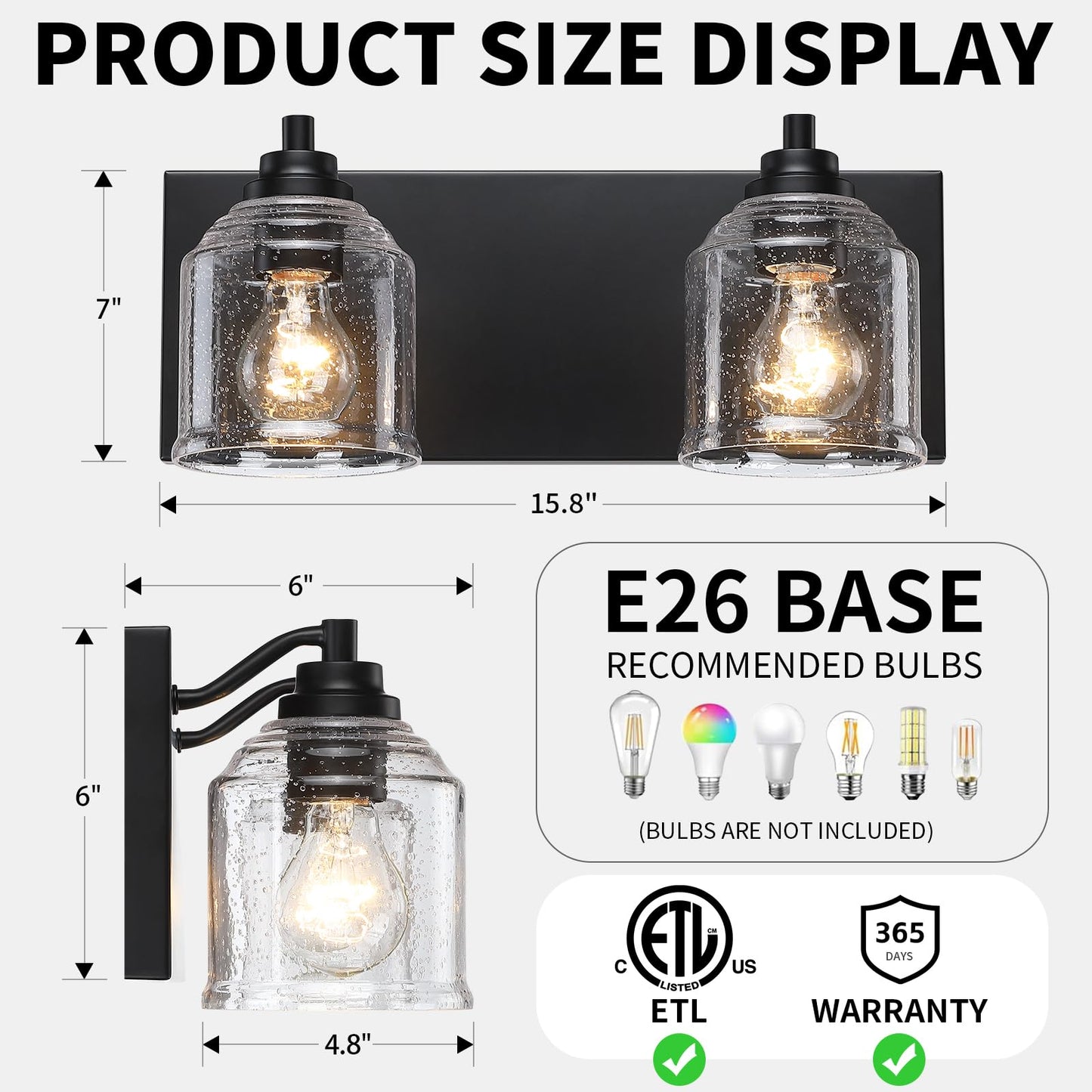 YKLITG Bathroom Vanity Light, 2-Light Black Metal with Bubble Glass Shades, Model BD005 S, 15.8in Farmhouse Rustic Decor