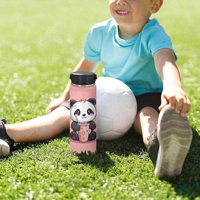 Cute Panda Insulated Water Bottles with Handle Stainless Steel Metal Water Bottle, Cold & Hot Water Bottle 20 oz, Leak Proof Travel with Milk Tea Designs Pink