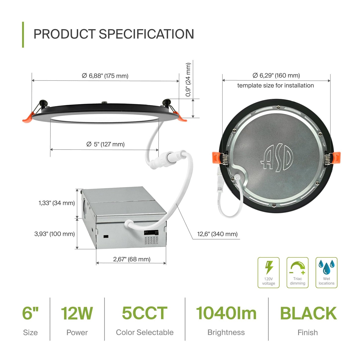 Asd 6 Pack Led Recessed Lighting 6 Inch 12W  5 Cct 2700K-5000K Cri90+  Ic Rated Ultra Thin Dimmable Ceiling Lights With J Box  Canless Wafer Downlight  Round Slim Panel Light  Energy Star Etl  Black