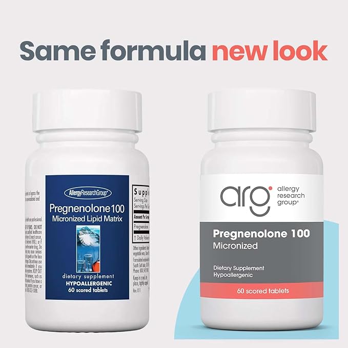 Allergy Research Group Pregnenolone Supplement - Progesterone Supplements, Hormone & Stress Support, Made from Non-GMO Wild Yam, Micronized Lipid Matrix, Plant-Sourced, 100mg Scored Tablets - 60 Count