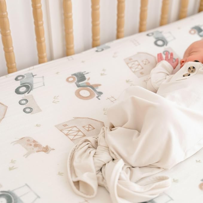 Crane Baby Charlie Farmhouse Tractor Crib Fitted Sheet, 100% Cotton Baby Bed Sheets, Farm Nursery Decor, Crib Sheets for Boys, Baby Registry Gift, Tractor Nursery Decor