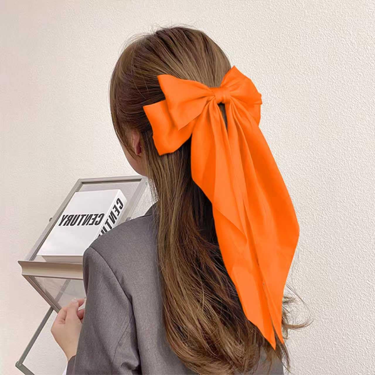 Hair Bows for Women Girls - Silky Satin Bow Hair Clip with Long Tail Ribbons - Aesthetic Halloween Hair Accessories (Bright Oran
