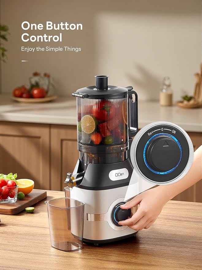 QCen Cold Press Juicer, 5.5” Wide Feed Chute Slow Masticating Juicer Machine for Whole Fruits and Vegetables, Easy to Clean (Silver)
