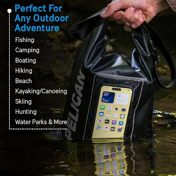 Pelican Marine IP68 Waterproof Dry Bag 5L - Roll Top Waterproof Backpack w/Phone Case/Pouch - Boating & Kayak Accessories - Essentials for Camping Swimming Beach Fishing Rafting Travel - Black