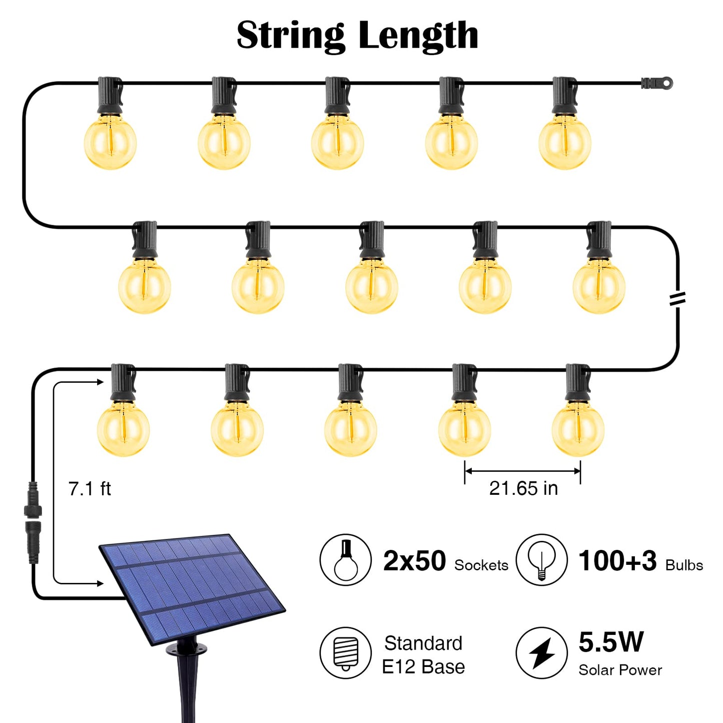 ZJOJO Solar Outdoor String Lights G40 Globe 200FT 100 Edison Glass Bulbs Shatterproof Black