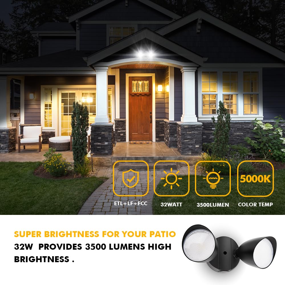 LUTEC Dual-Head Floodlight 2500 Lumen 32W Waterproof Outdoor Security Light 5000K Black Model 6222B