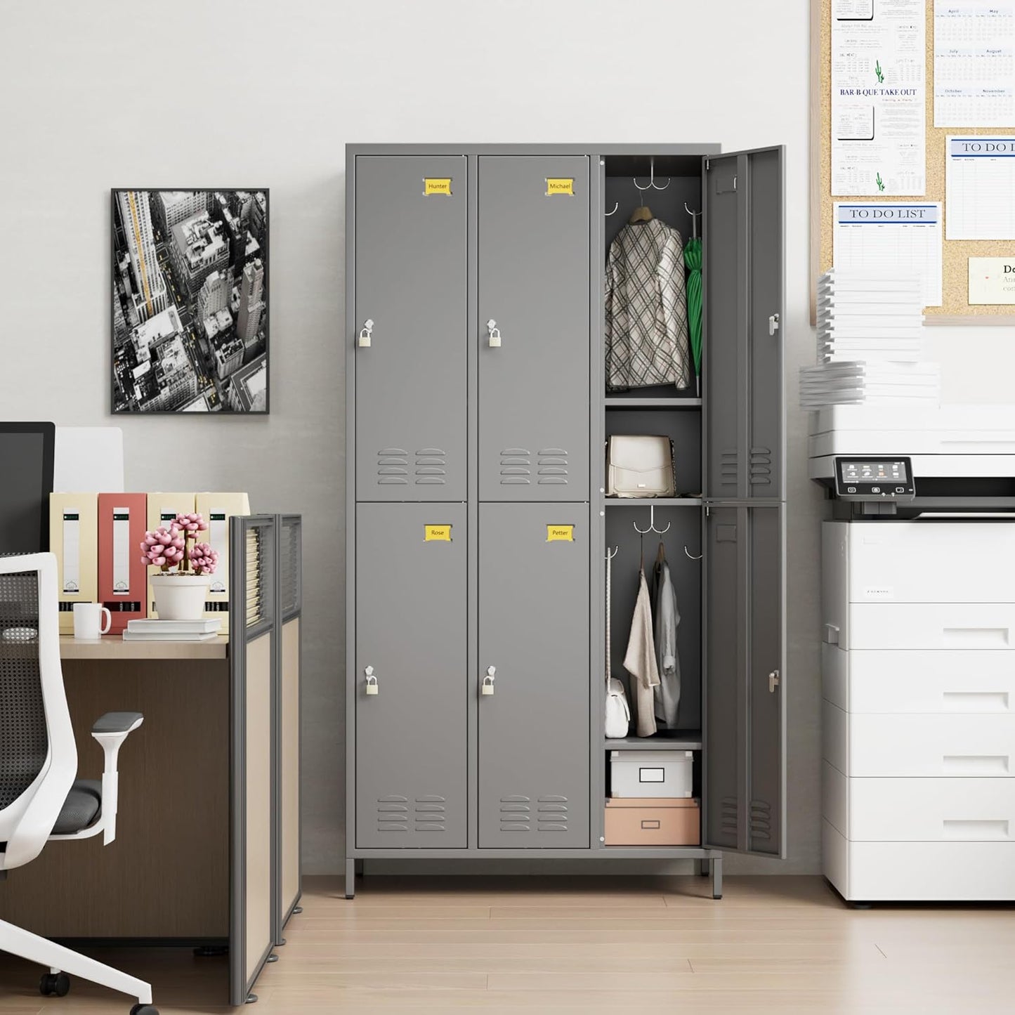 6 Doors Metal Lockers for Employees with 6 Shelves and 18 Hooks, Storage Locker with Business Card Holder for Office Gym School Bedroom, Assembly Required, Dark Gray