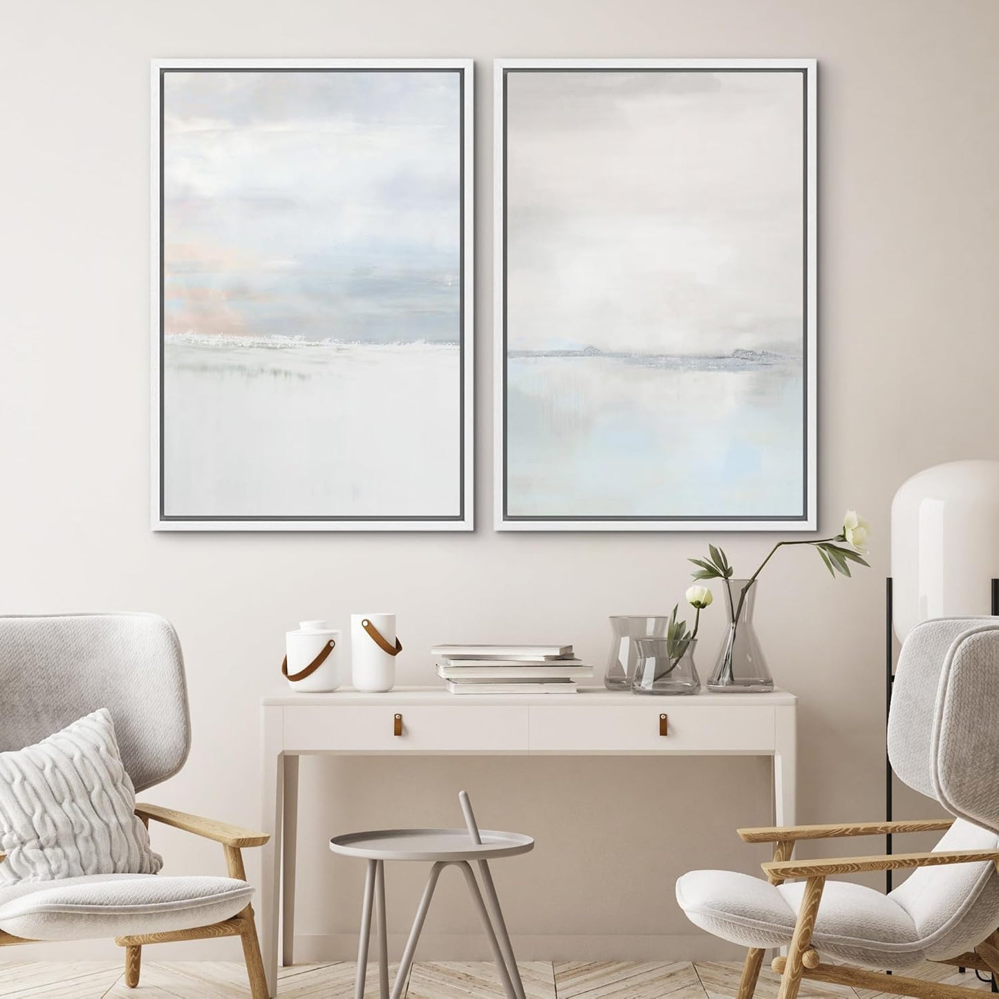SIGNWIN Framed Canvas Print Wall Art Set Pastel Gray Watercolor Landscape Abstract Shapes Illustrations Minimal Decorative Boho Nordic Relax/Zen for Living Room, Bedroom, Office - 16"x24"x2 White