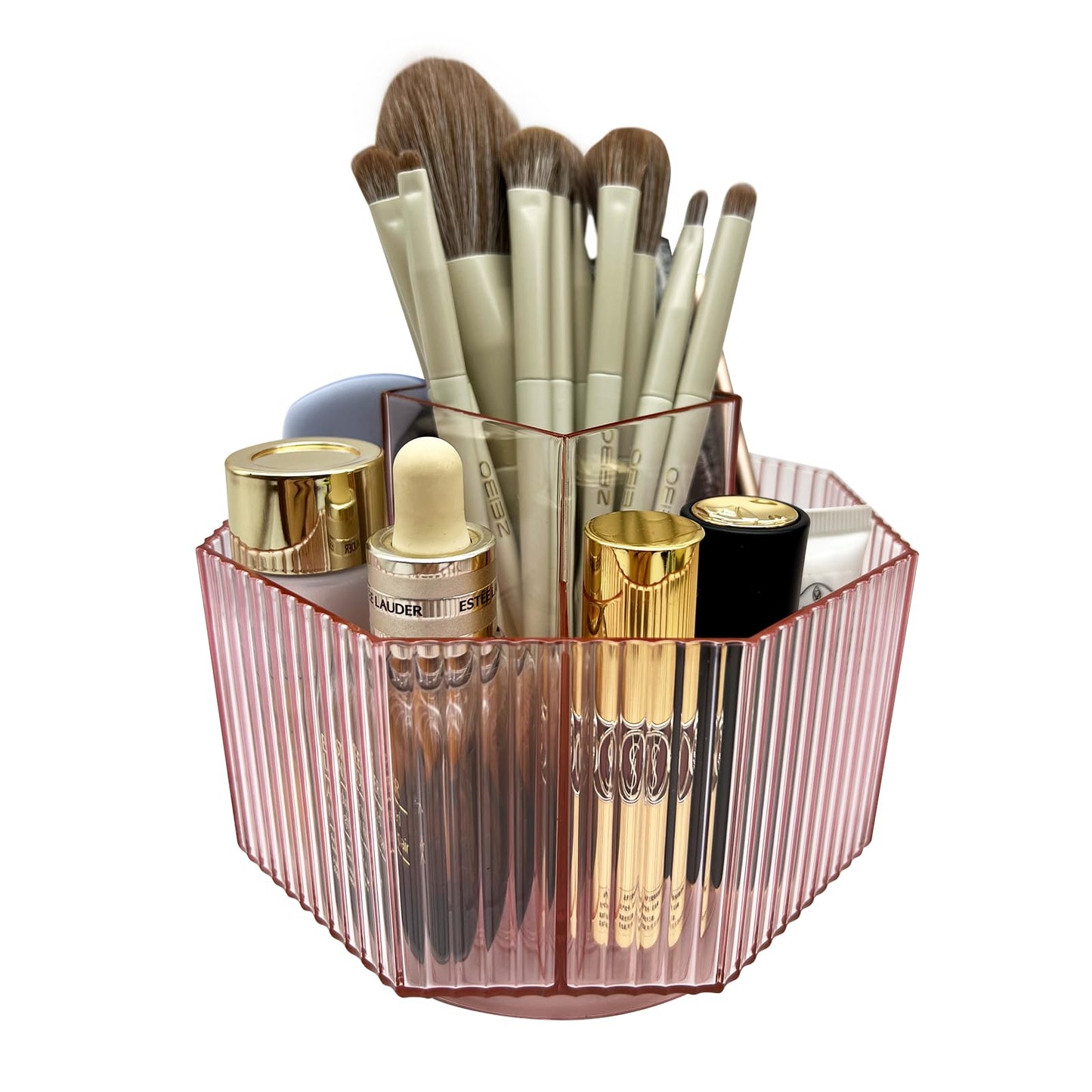 LiteTour Crystal Pink 360 Rotating Makeup Brush Organizer, Multi-Compartment Storage for Skincare, Cosmetic Tools, Vanity, Desk,