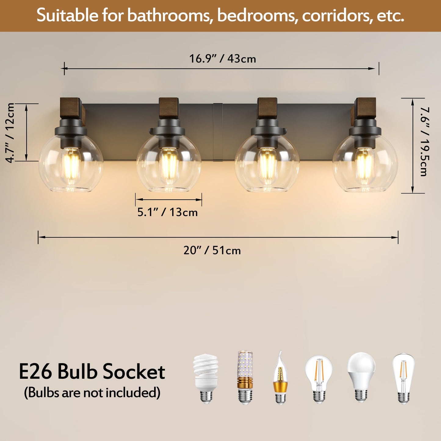 Farmhouse Bathroom Vanity Light Fixtures  4-Light Wood Bathroom Light Fixtures Over Mirror  Rustic Sconces Wall Lighting With Glass Shade For Living Room  Bedroom  Hallway